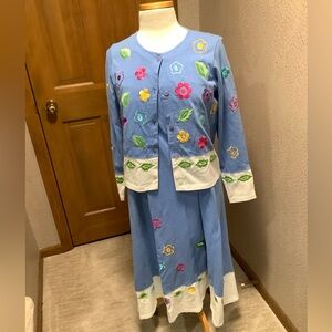 Michael Simon Lite Floral Embroidered Blue and white floral cardigan skirt set.